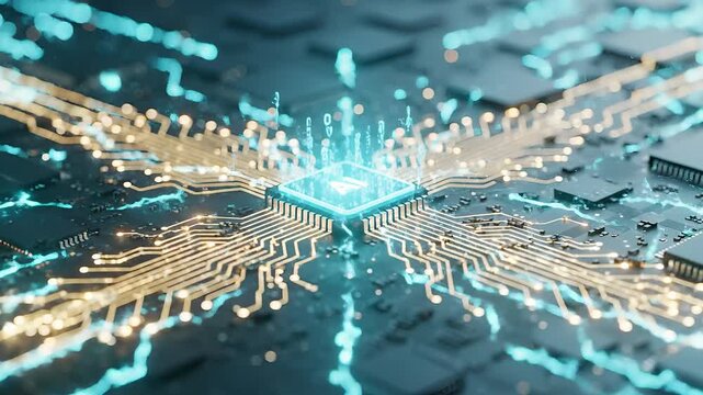 A central AI processor chip glows on a circuit board with golden data pathways radiating outwards. UHD Video Clip
