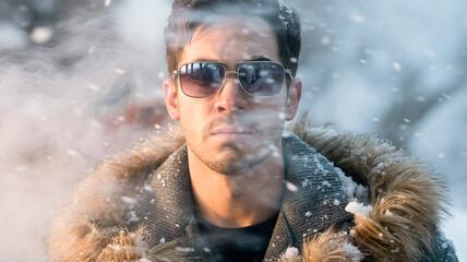 Moody portrait of a young man in a snowy, smoky environment wearing sunglasses and a fur-trimmed coat image background