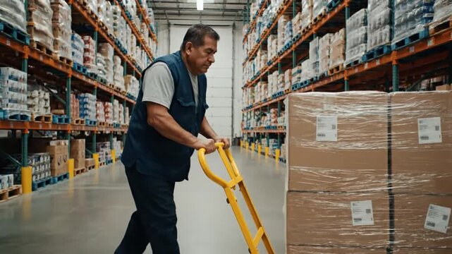 Mature man pushes a large cart in a warehouse. He carries bulky cargo while navigating the rack area. The focus is on his efforts and the organized environment around him
