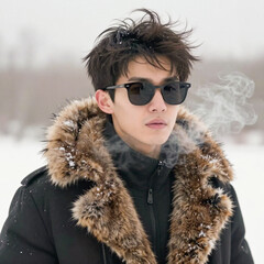 Moody portrait of a young man in a snowy, smoky environment wearing sunglasses and a fur-trimmed coat image background