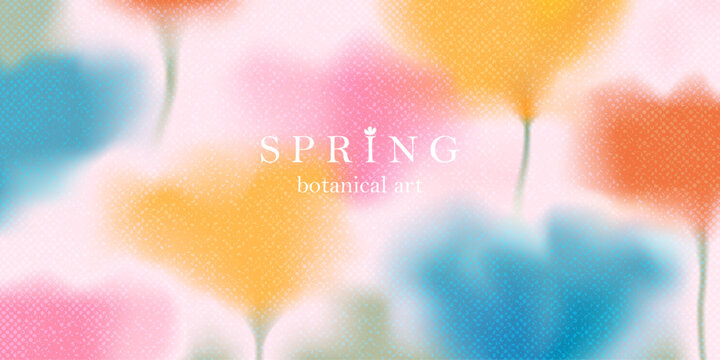 Spring floral background. Blurred gradient ethereal macro flowers. Pink, red, yellow, blue blooms. Spring blooming field. Noisy, grainy texture. 