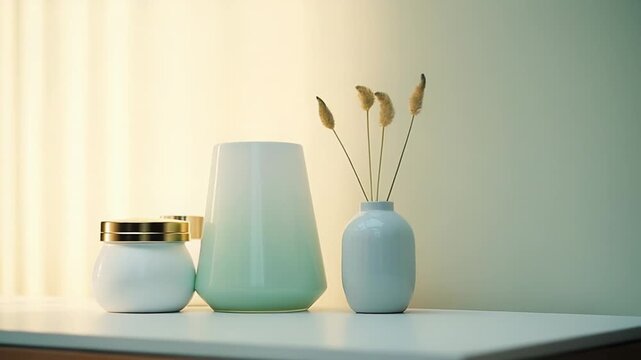 Minimalist home decor objects including a gradient ceramic vase, a small ceramic pot with dried pampas grass, and various containers sitting on a sleek white shelf capturing soft natural light