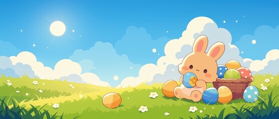 Naklejka premium Happy cute bunny with colorful easter eggs in a sunny field landscape