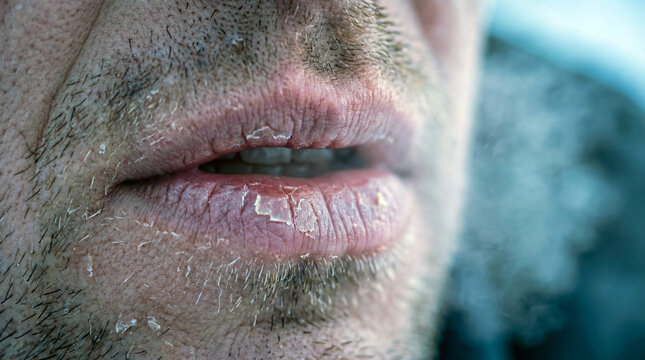 Close-up of man's cracked lips in winter air with dry skin on face