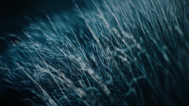 Dry narrow blades of grass with seed heads stand out with a subtle glow against a dark, blurred background, creating a moody and tranquil natural pattern and texture