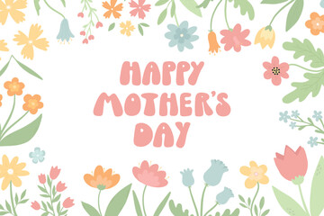 Naklejka premium Mother's day greeting card, poster, banner, print, invitation design with pastel colored wildflowers and leaves. Good for templates, wallpapers, etc. EPS 10