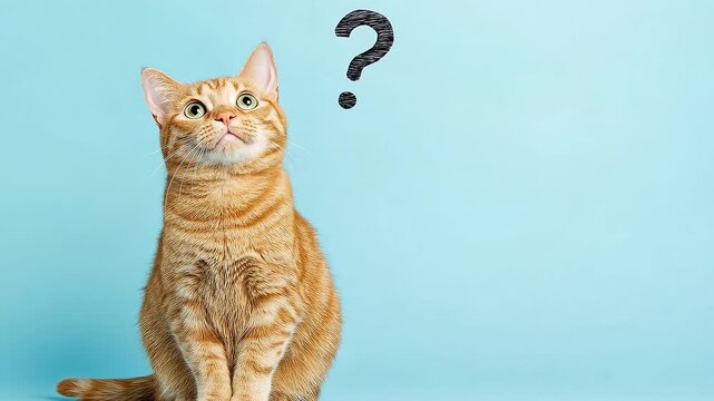 Confused Ginger Cat with Question Marks on Blue Background. Curiosity and Problem Solving Concept