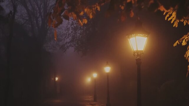 Row of vintage street lamps casting a warm glow through a thick layer of fog, creating a mystical and atmospheric scene along a cobblestone path during evening time
