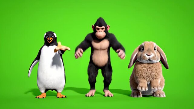 Animated penguin chimpanzee and rabbit characters on green screen background cute digital animals for kids content