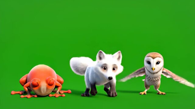 Cartoon animals animation loop on green screen isolated cute frog fox and owl characters for kids education and creative projects