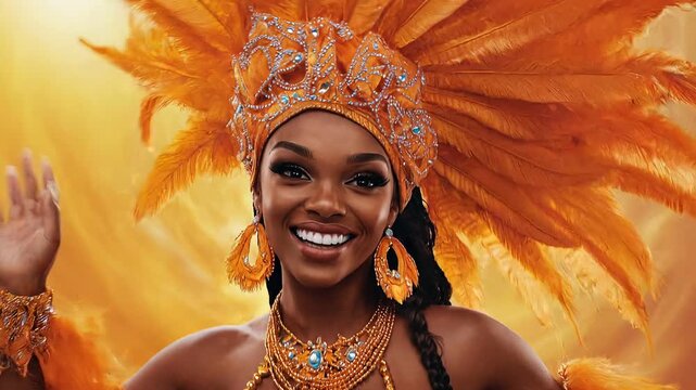 Beautiful young brown-skinned woman in carnival peacock costume on blured background. Carnival banner with copy space	