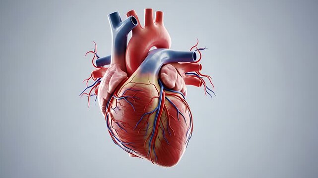 A detailed anatomical 3D rendering of a healthy human heart on a neutral background. UHD Video Clip