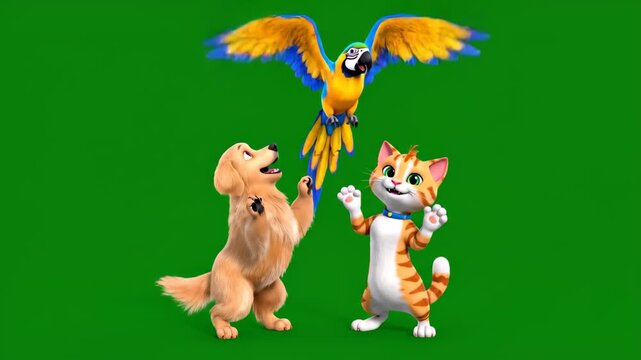 Cheerful animated dog cat and macaw parrot play together on a green screen background for chroma keying purposes