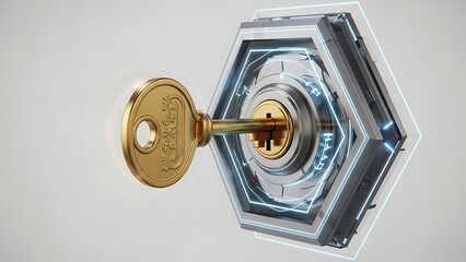 Obraz premium Golden key inserted in hexagonal lock