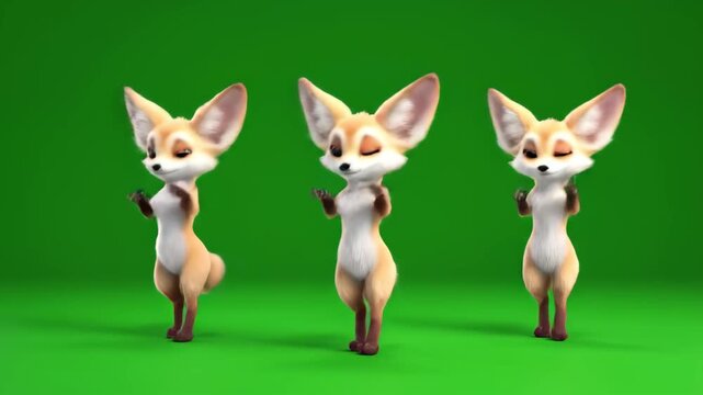 Animated fennec foxes dancing synchronized on green screen for compositing and creative projects with cartoon animal characters