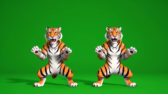 Dancing tiger cartoon characters funny mascot animation on green screen for kids content and social media platforms