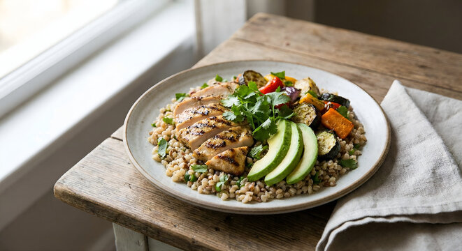 Healthy Grilled Chicken Bowl with Vegetables and Whole Grains