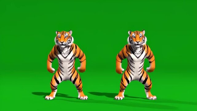 Two cartoon tigers dancing against a green screen background ready for keying and compositing into fun projects and animation