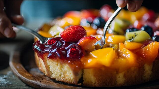 Hands cutting fruit tart dessert sweet.