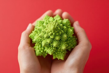 Hands holding vibrant green romanesco cauliflower