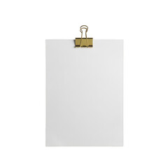 Blank paper with gold clip isolated on transparent background