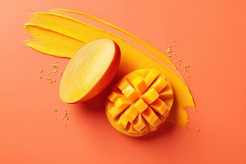 Vibrant mango with puree on orange background