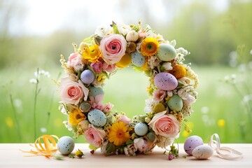 Delicate Easter Wreath with Wildflowers and Speckled Eggs, Spring Theme