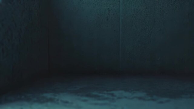 Dark empty room corner features a rough concrete wall and wet floor, illuminated by a harsh, dramatic spotlight creating strong shadows and a sense of isolation and mystery