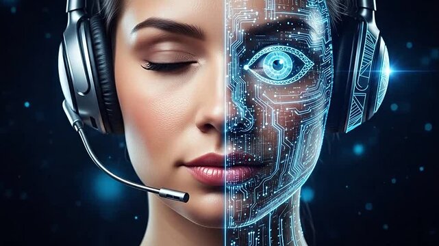 Woman wearing headset with futuristic robotic face.