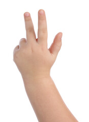 Little girl showing three fingers on white background, closeup