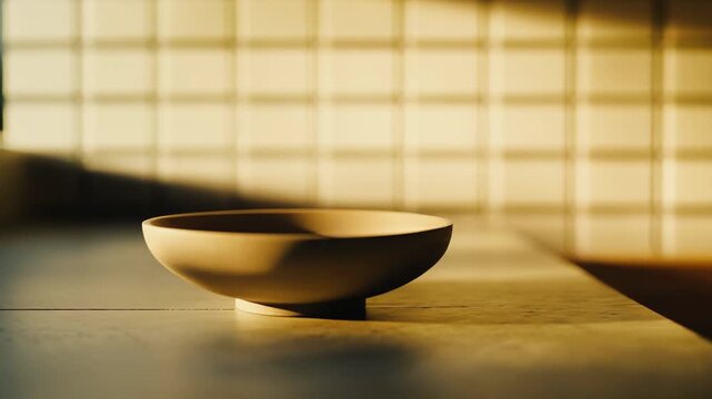 Empty ceramic bowl resting on a kitchen counter or table, bathed in soft morning sunlight casting dappled shadows on the tiled background, evoking a sense of calm and simplicity