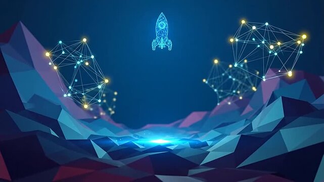 a glowing rocket ship soaring through a network of connections.