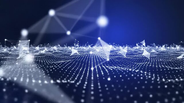 Abstract digital network structure glowing particles connecting lines geometric shapes dark blue background futuristic technology concept