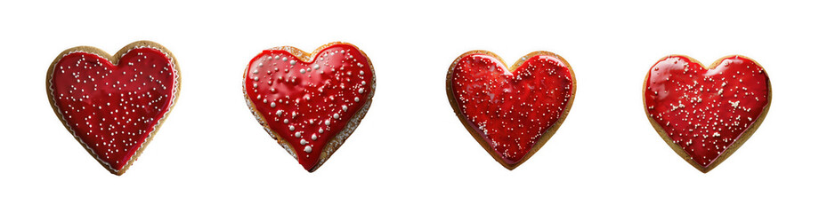 Four red glitter heart cookies with sparkles isolated on transparent background