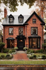 Beautiful brick house with large windows and a welcoming front porch is located in a quiet neighborhood surrounded by green plants during autumn