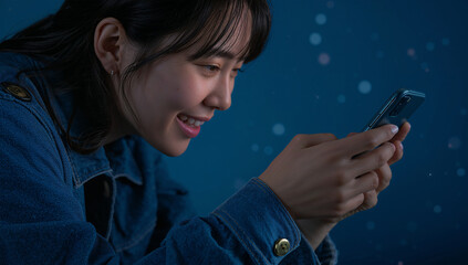 スタジオの暗がりで日本人の若い女性が勝利の笑顔でスマホを操作