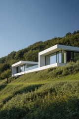 Modern houses sit on a green hillside under a clear blue sky during the day, showcasing simple design and harmony with nature