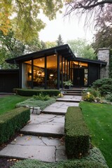 Fototapeta premium Modern house with large windows and garden in the evening light located in a residential neighborhood during the fall season