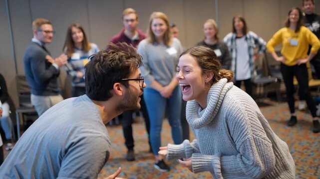 Participants Performing Mime Scene at Improvisation Workshop