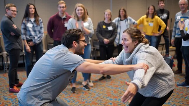 Participants Performing Mime Scene at Improvisation Workshop