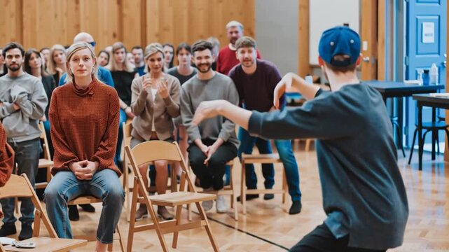Participants Performing Mime Scene at Improvisation Workshop