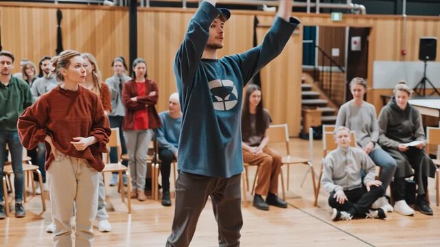 Participants Performing Mime Scene at Improvisation Workshop