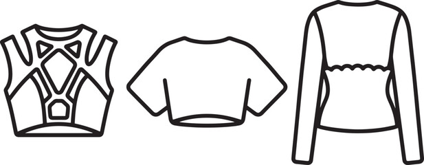 Minimalist outline fashion icons of geometric crop top short sleeve blouse and long shirt