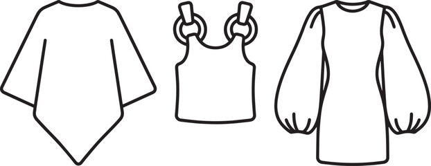 Minimalist outline icons of fashion tops and dress showing creative garment construction