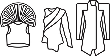 Outline icons for unique clothing garments including fan shirt jacket and blouse