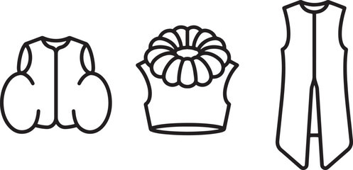 Puffy vest and floral collar top with long waistcoat outline icons for fashion collection