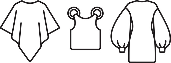 Poncho and tank top with dress outline icons set for fashion design and apparel concept