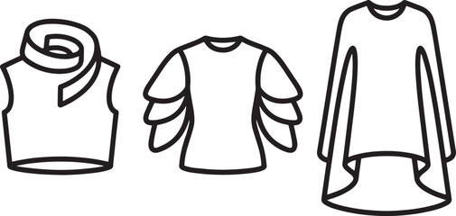 Set of clothing items: scarf vest t shirt and long sleeve blouse outline icons