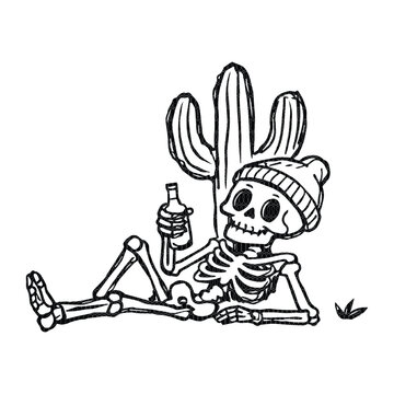 Skeleton leaning against cactus drinking beer in desert hand drawn doodle style