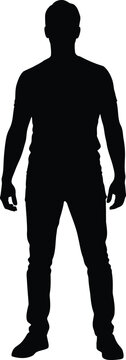 A black silhouette of a man standing with his feet shoulder width apart on a white background